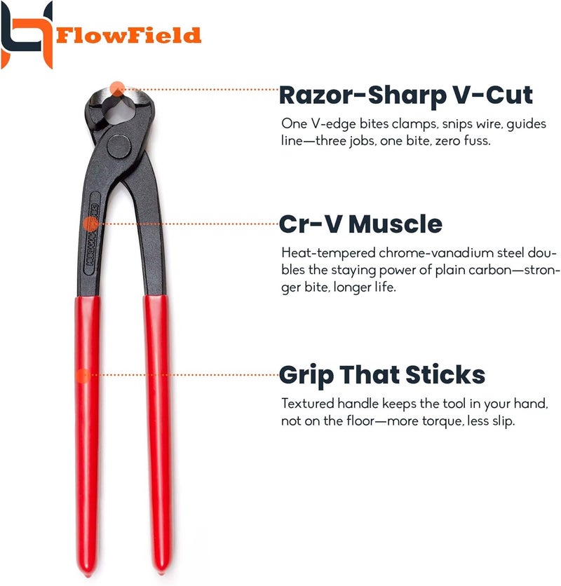 FlowField 10 Inch Ear Clamp, Nail Puller, End Cutting, Carpenter Pincer, PEX-B Clamp Pliers, High Leverage Chrome-Vanadium - Image 4